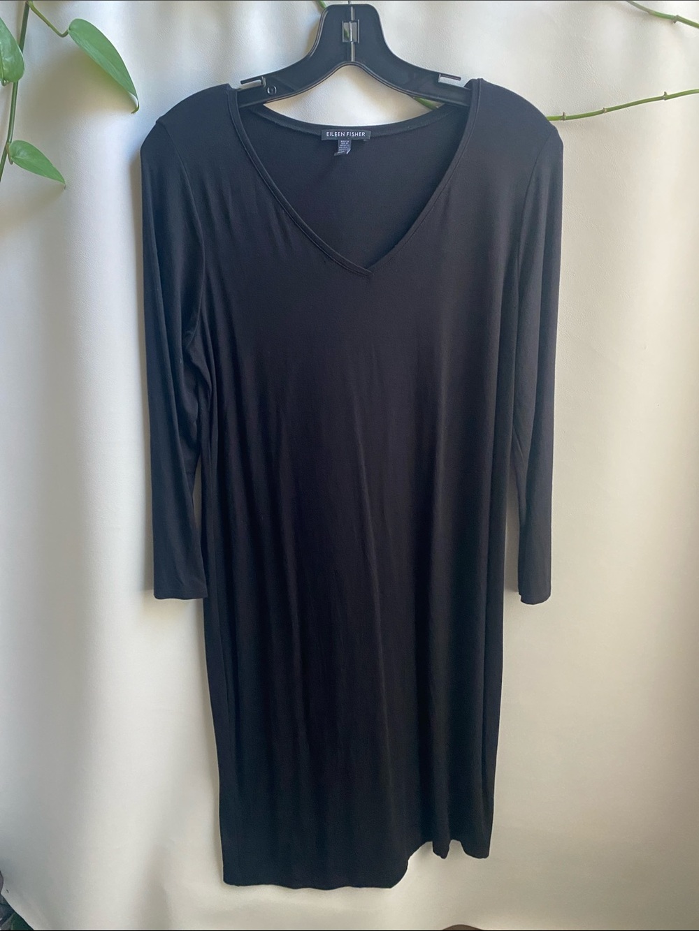 Eileen Fisher Black V-Neck Long Sleeve Shift Dress M Viscose